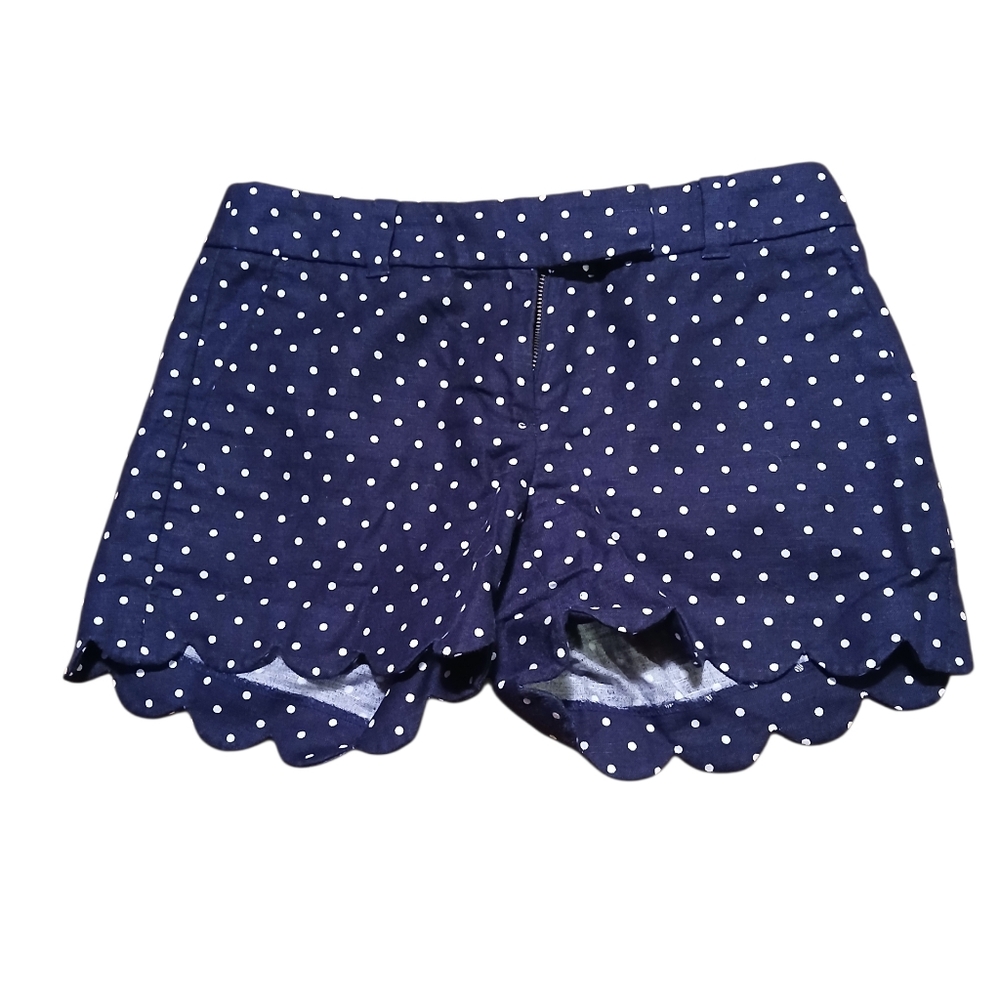 J. Crew Women's Size 00 Linen Cotton Navy Polka Dot Scalloped Hem Women Shorts